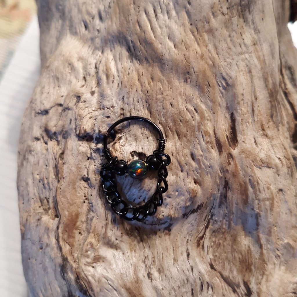 Fire Opal Black Beaded SeptumNose Ring With Chain